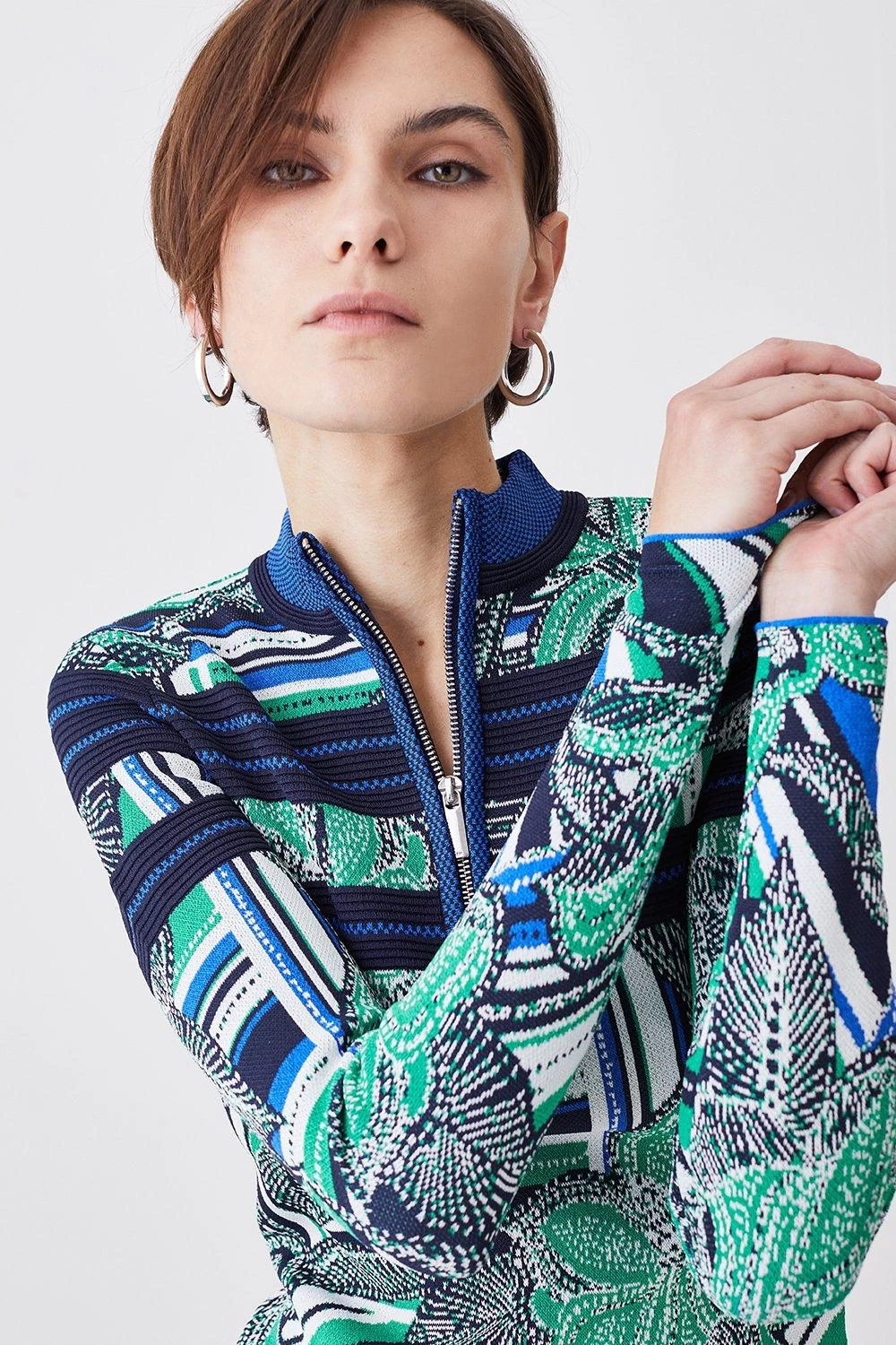 Karen Millen Floral Stripe Jacquard Zip Neck Knit Jumper - Image 4