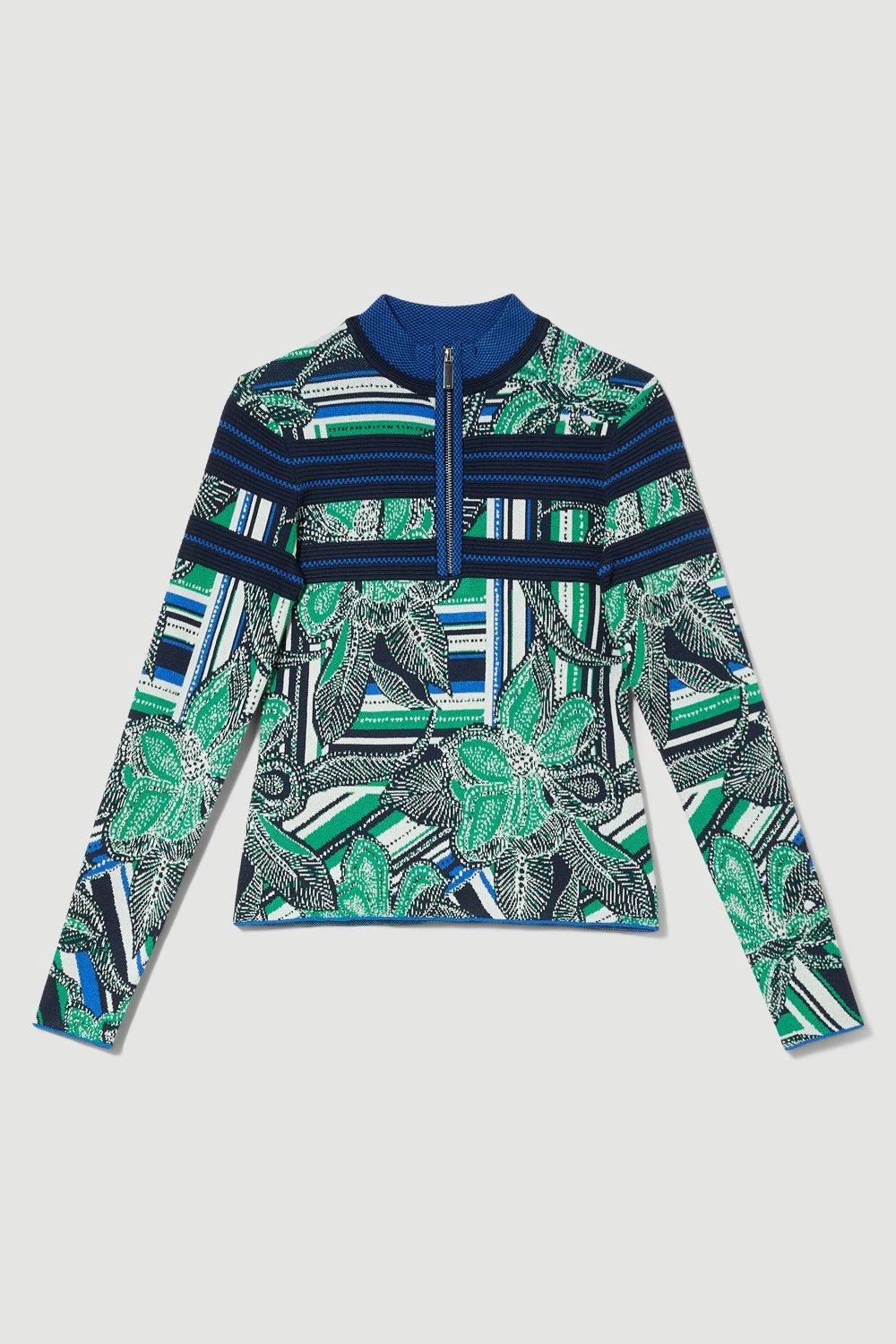 Karen Millen Floral Stripe Jacquard Zip Neck Knit Jumper - Image 5