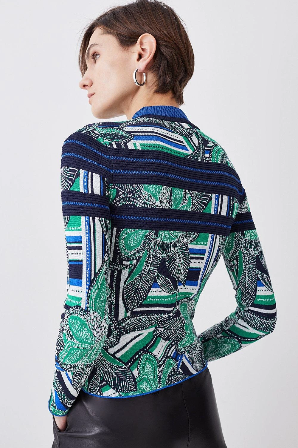 Karen Millen Floral Stripe Jacquard Zip Neck Knit Jumper