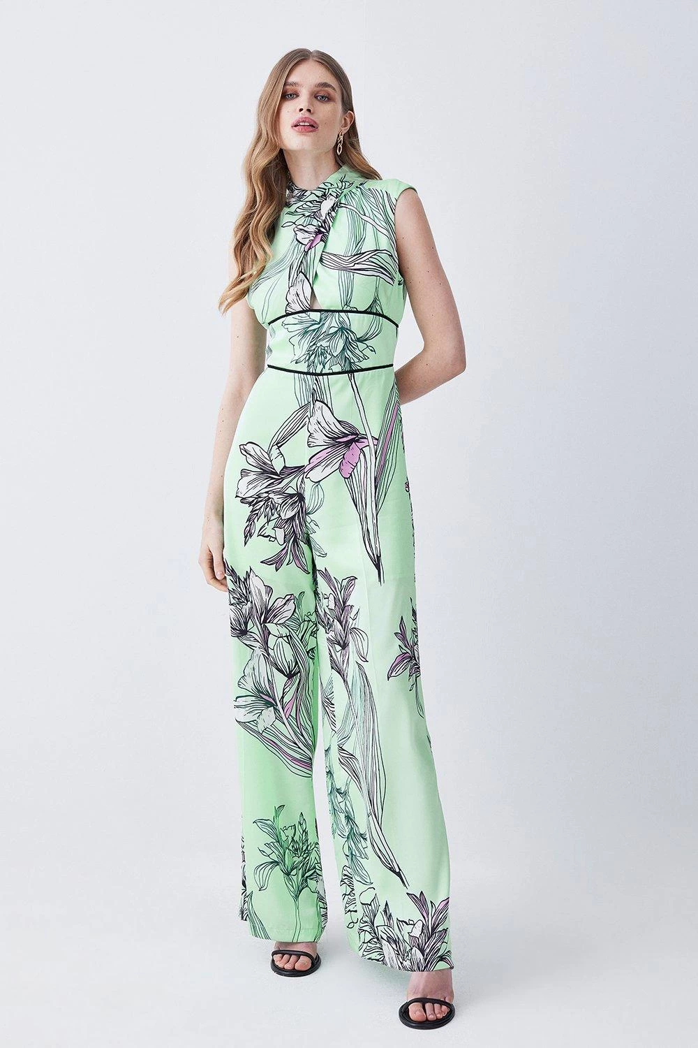 Karen Millen Hammered Satin Woven Twist Neck Jumpsuit