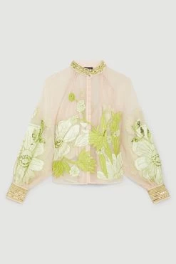 Karen Millen Organdie Applique Buttoned Woven Blouse