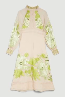 Karen Millen Organdie Applique Buttoned Woven Midi Dress