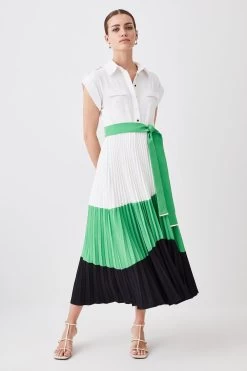 Karen Millen Petite Colour Block Pleated Woven Midi Shirt Dress