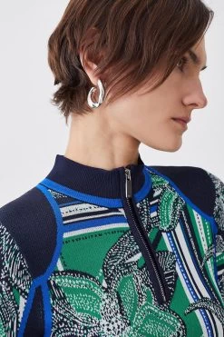 Karen Millen Stripe Floral Abstract Jacquard Knit Zip Neck Mini Dress