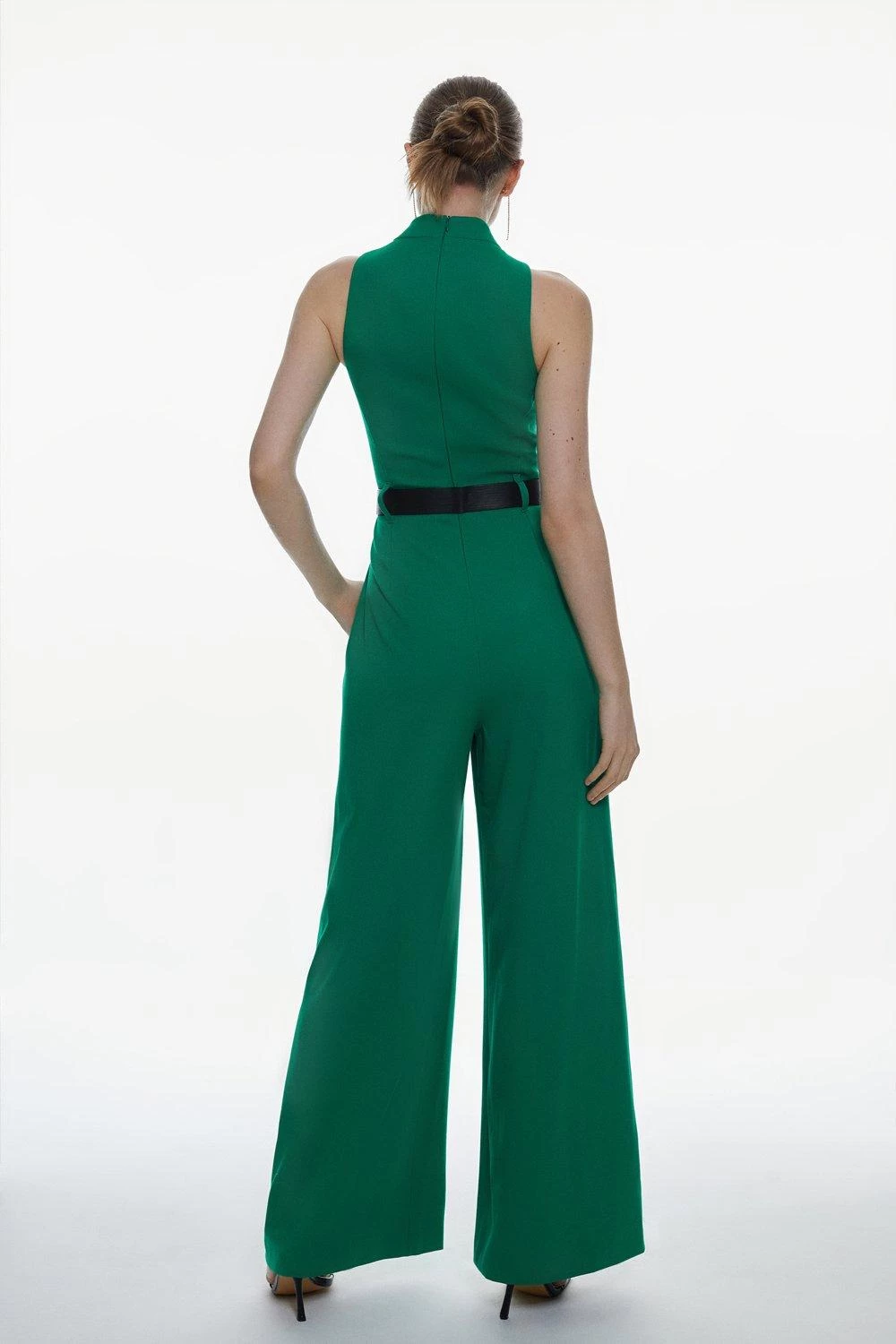 Karen Millen Tall Structured Crepe Halter Neck Belted Wide Leg Jumpsuit - Image 3
