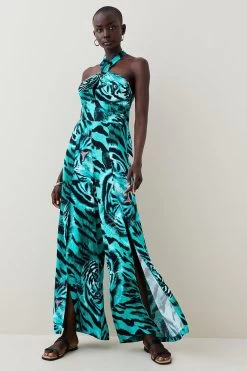 Karen Millen Tiger Viscose Satin Gold Ring Jumpsuit