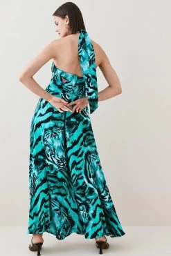 Karen Millen Tiger Viscose Satin Gold Ring Maxi Dress