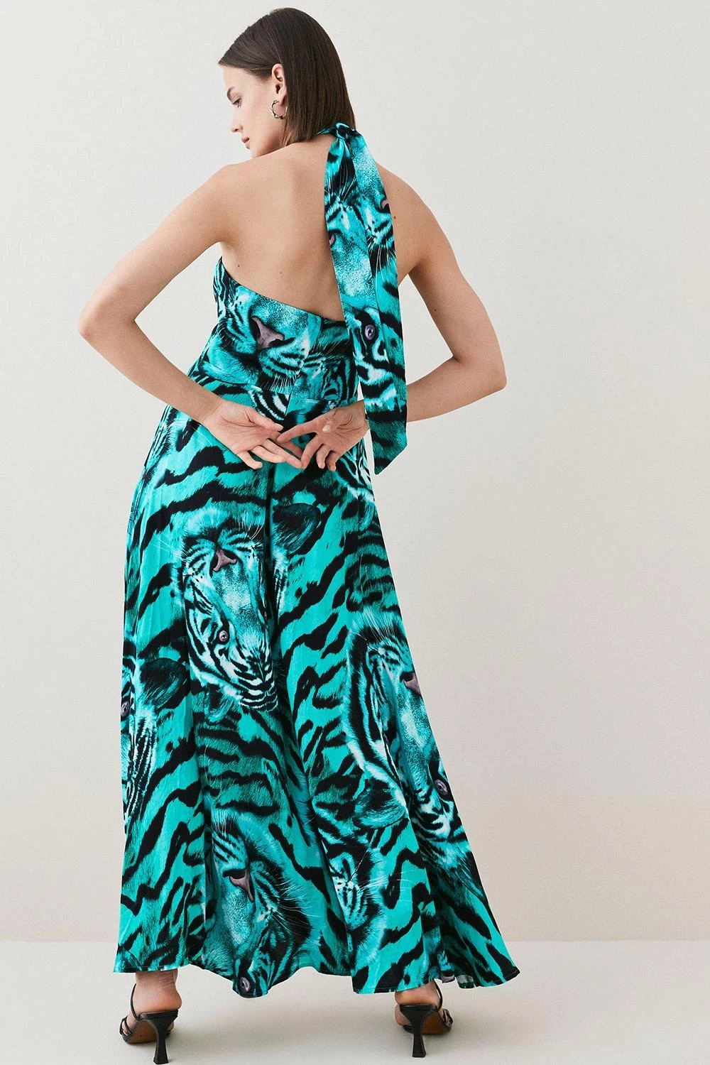 Karen Millen Tiger Viscose Satin Gold Ring Maxi Dress