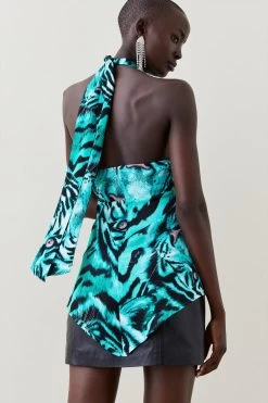 Karen Millen Tiger Viscose Satin Gold Ring Tunic Top