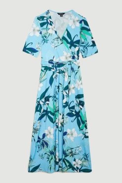 Karen Millen Half Sleeve Floral Printed Jersey Wrap Midi Dress