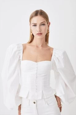 Karen Millen Cotton Top Stitch Puff Sleeve Top