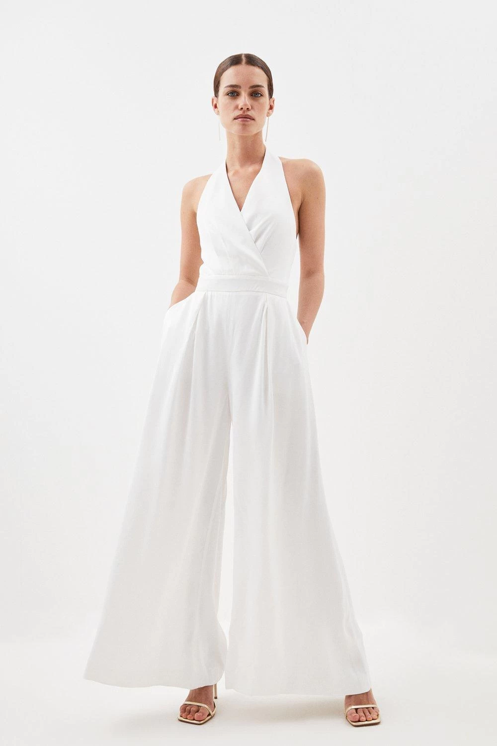 Karen Millen Petite Satin Crepe Woven Wide Leg Jumpsuit - Image 3