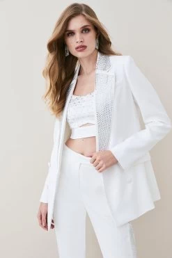 Karen Millen Satin Diamante Lapel Double Breasted Blazer