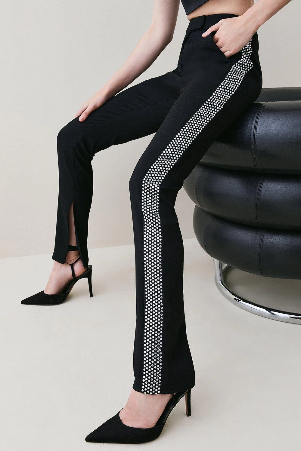 Karen Millen Satin Tailored Slim Leg Diamante Trim Trouser