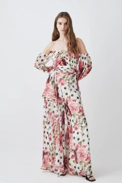 Karen Millen Spot Floral Chiffon Bardot Wide Leg Jumpsuit