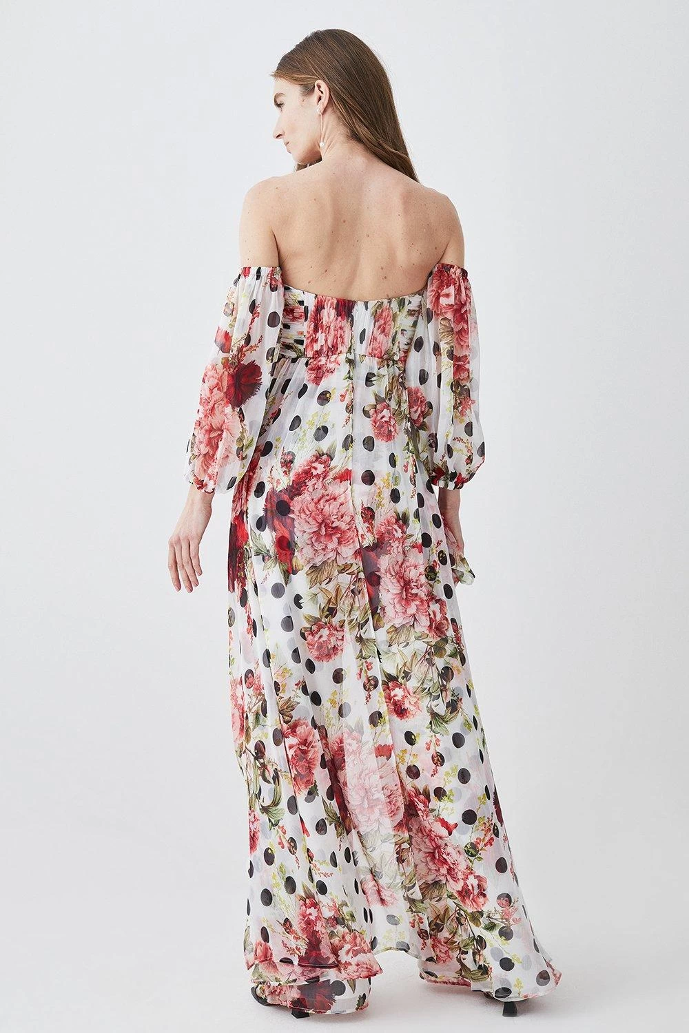 Karen Millen Spot Floral Chiffon Bardot Wide Leg Jumpsuit - Image 2