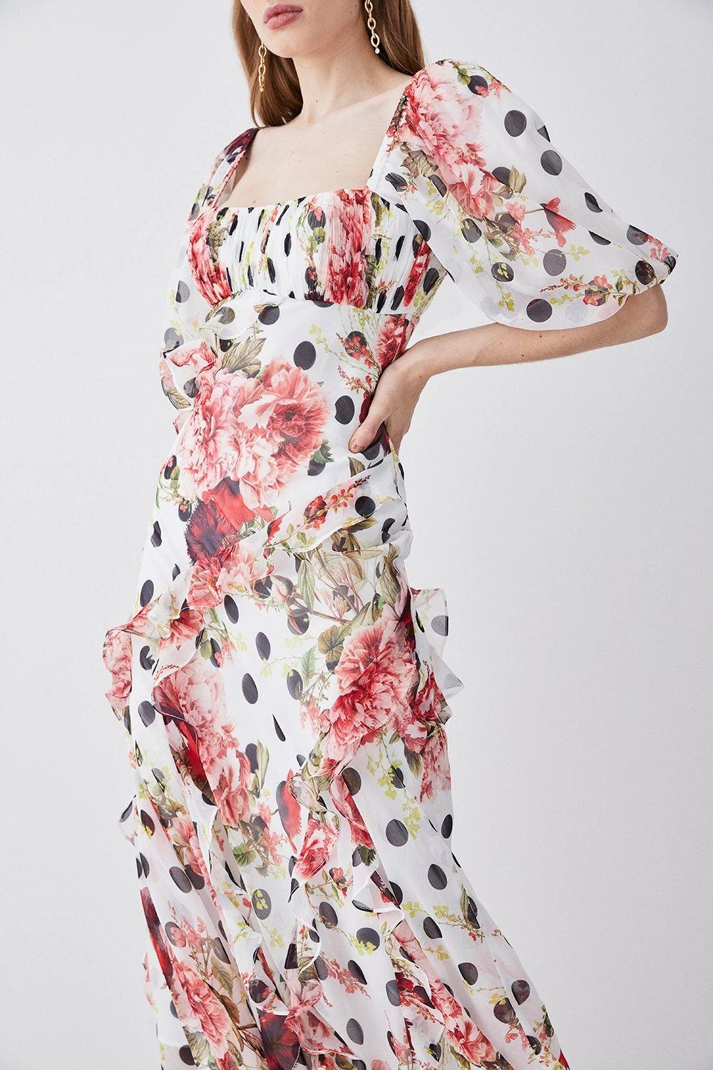Karen Millen Spot Floral Chiffon Square Neck Ruffle Maxi Dress