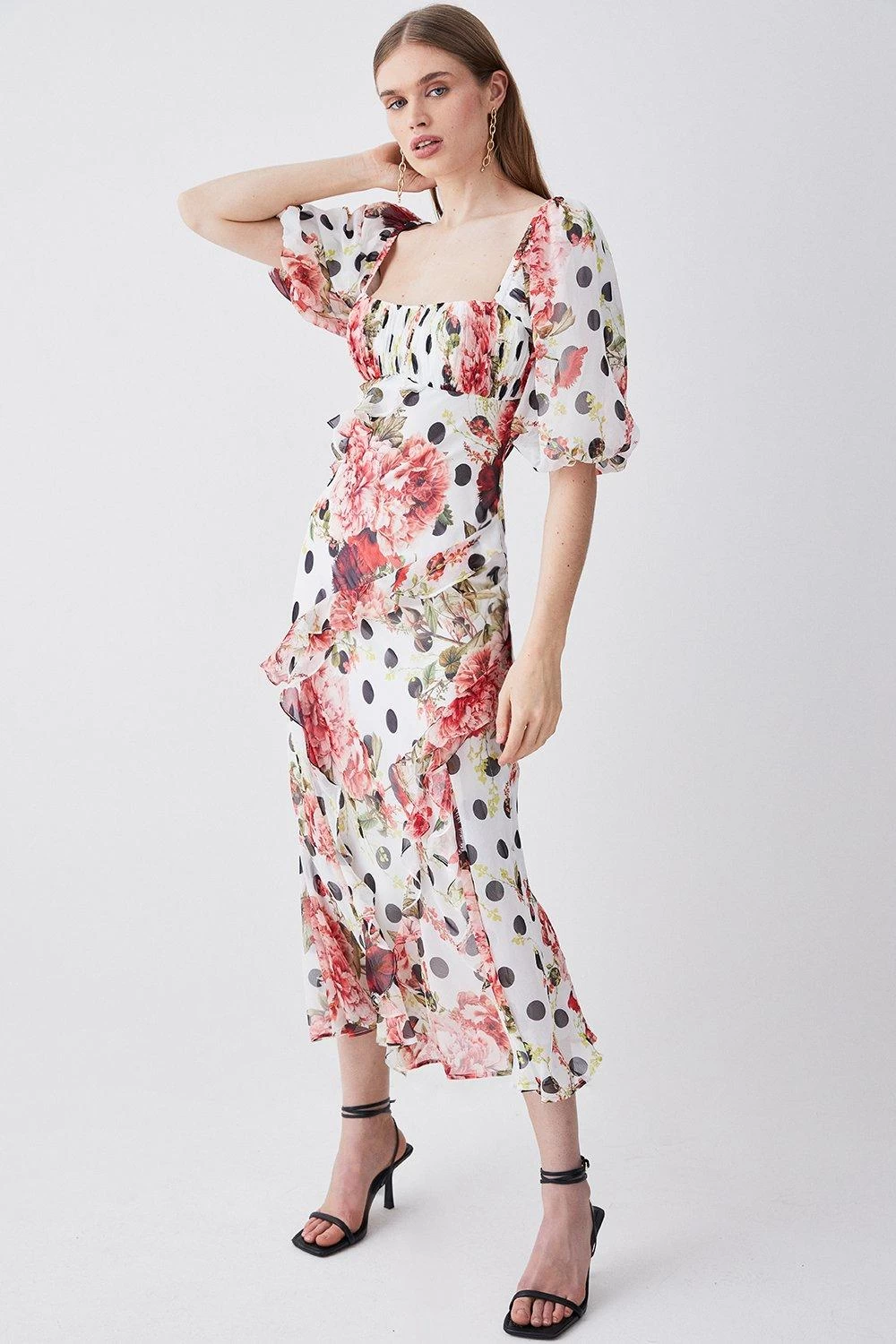 Karen Millen Spot Floral Chiffon Square Neck Ruffle Maxi Dress - Image 3