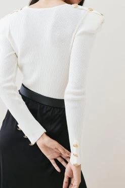 Karen Millen Strong Shoulder V Neck Military Rib Knit Top