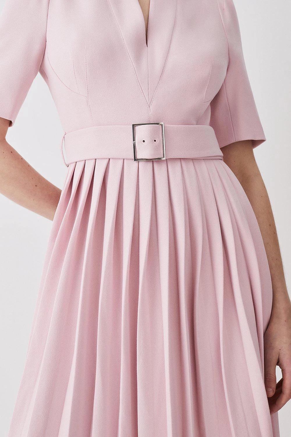 Karen Millen Structured Crepe Forever Pleat Belted Midi Dress - Image 3