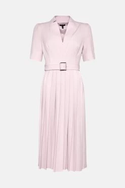 Karen Millen Structured Crepe Forever Pleat Belted Midi Dress