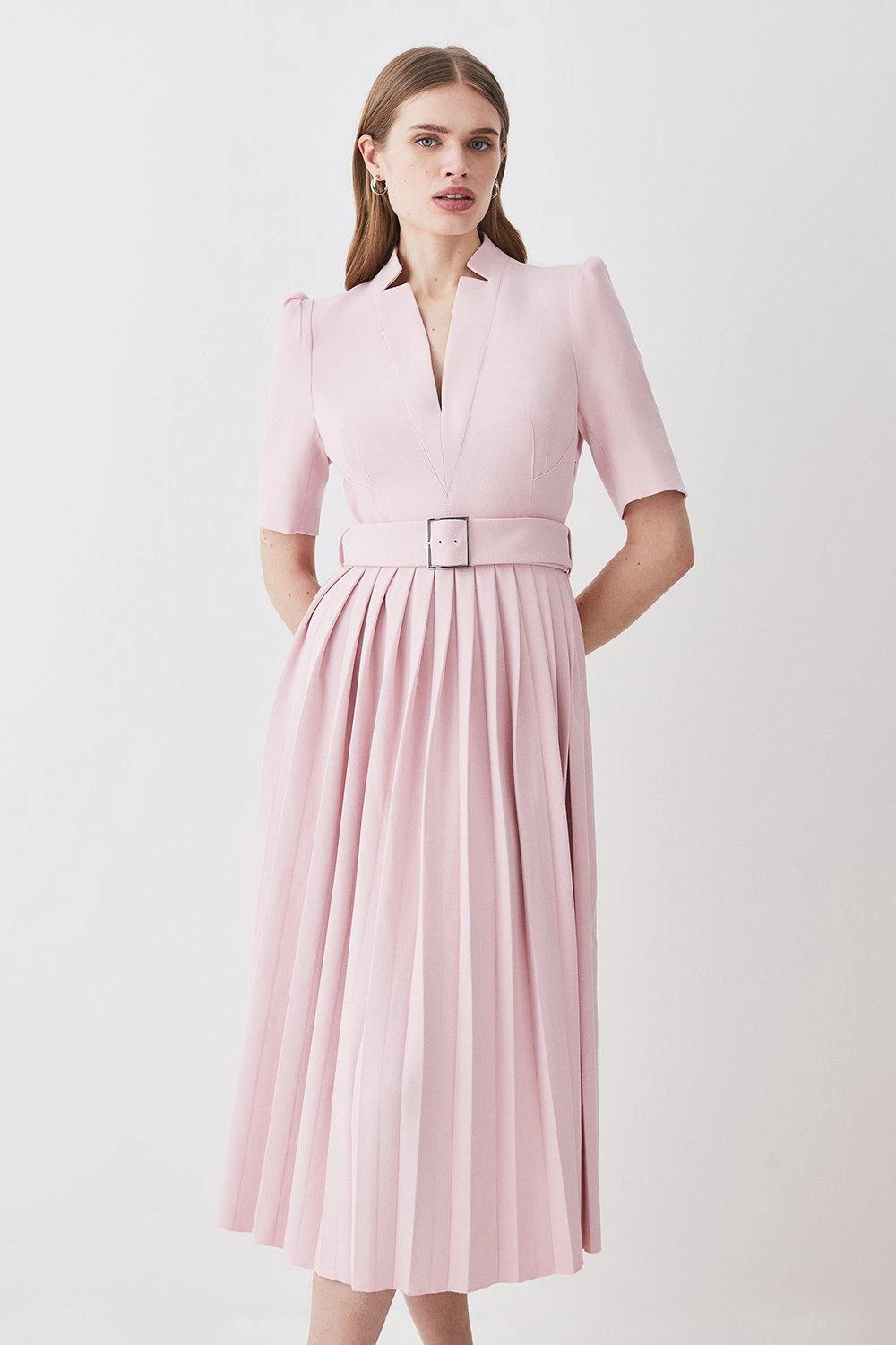 Karen Millen Structured Crepe Forever Pleat Belted Midi Dress - Image 4