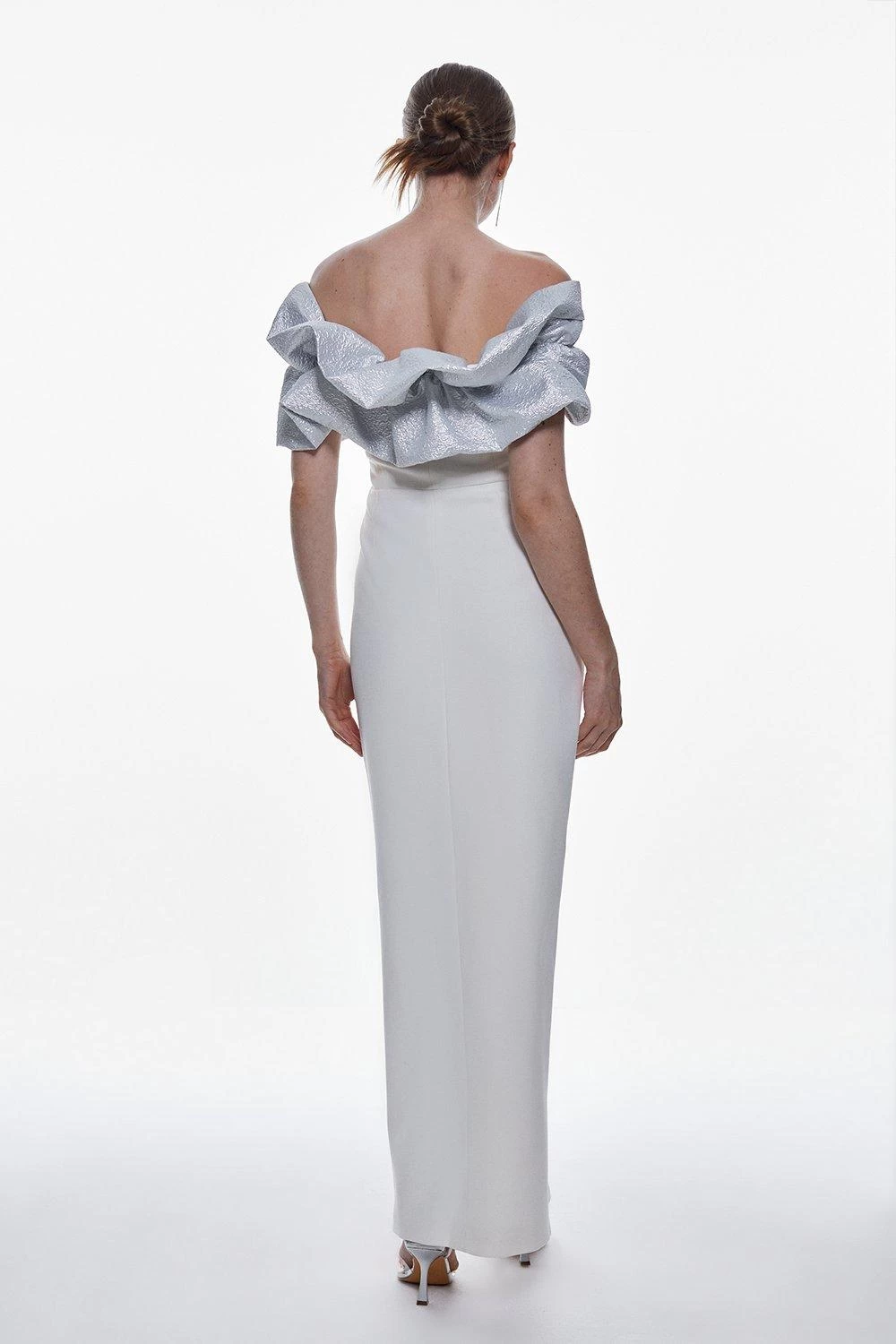 Karen Millen Structured Crepe Jacquard Ruffle Bardot Maxi Dress - Image 2