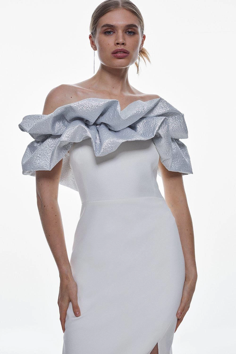 Karen Millen Structured Crepe Jacquard Ruffle Bardot Maxi Dress - Image 3