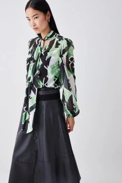 Karen Millen Jigsaw Geo Georgette Tie Neck Blouse