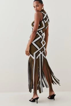 Karen Millen Sliced Hem Placement Stripe Knit Jacquard Maxi Dress