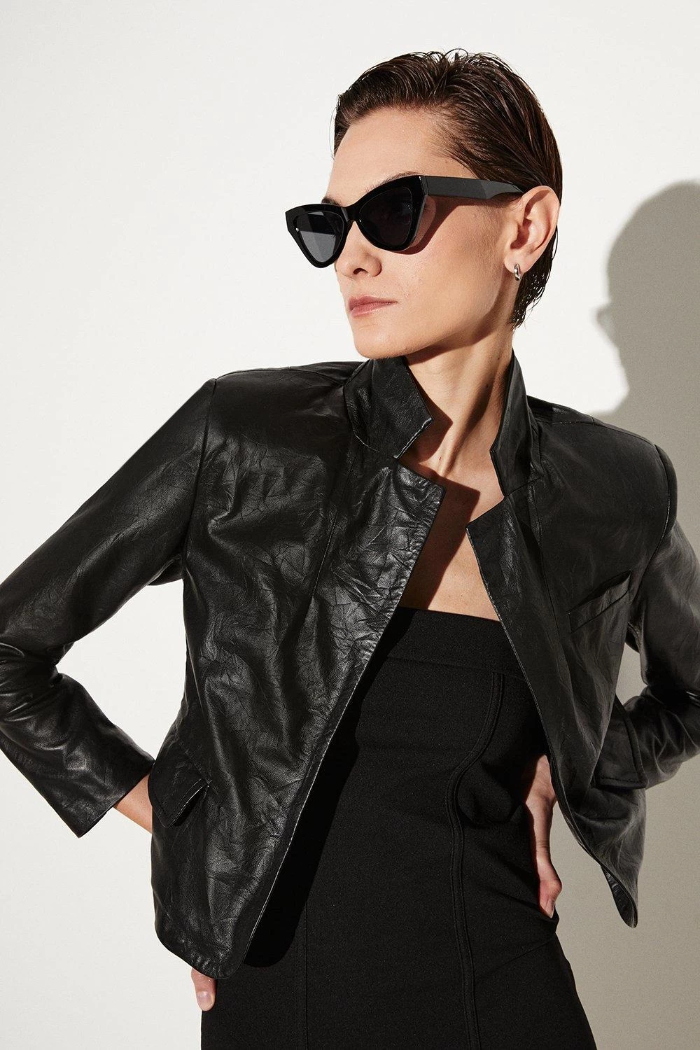 Karen Millen Washed Leather Forever Fitted Notch Neck Blazer - Image 4