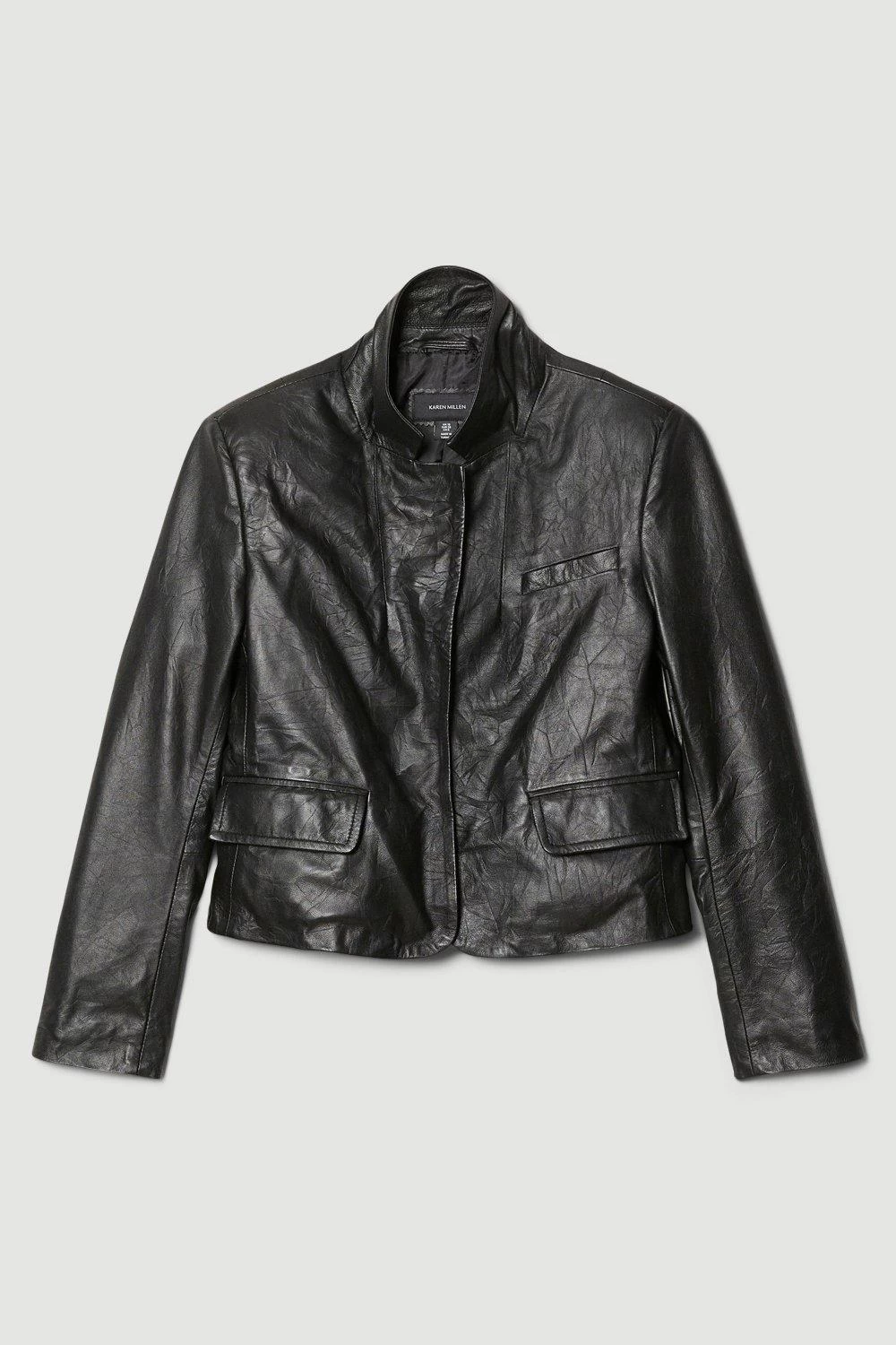 Karen Millen Washed Leather Forever Fitted Notch Neck Blazer - Image 5