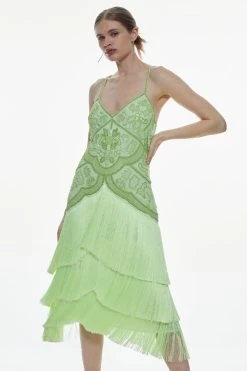 Karen Millen Fringe And Beaded Halter Neck Midi Dress