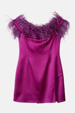 Karen Millen Italian Structured Satin Feather Bardot Mini Dress