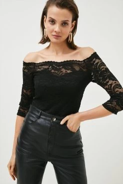 Karen Millen Lace Bardot Half Sleeve Jersey Bodysuit