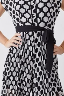 Karen Millen Mono Geo Pleat Detail Belted Woven Jumpsuit