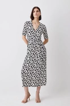 Karen Millen Half Sleeve Geometric Printed Jersey Wrap Midi Dress