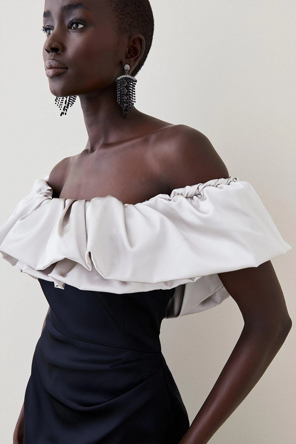 Karen Millen Italian Structured Satin Ruffle Bardot Maxi Dress - Image 4