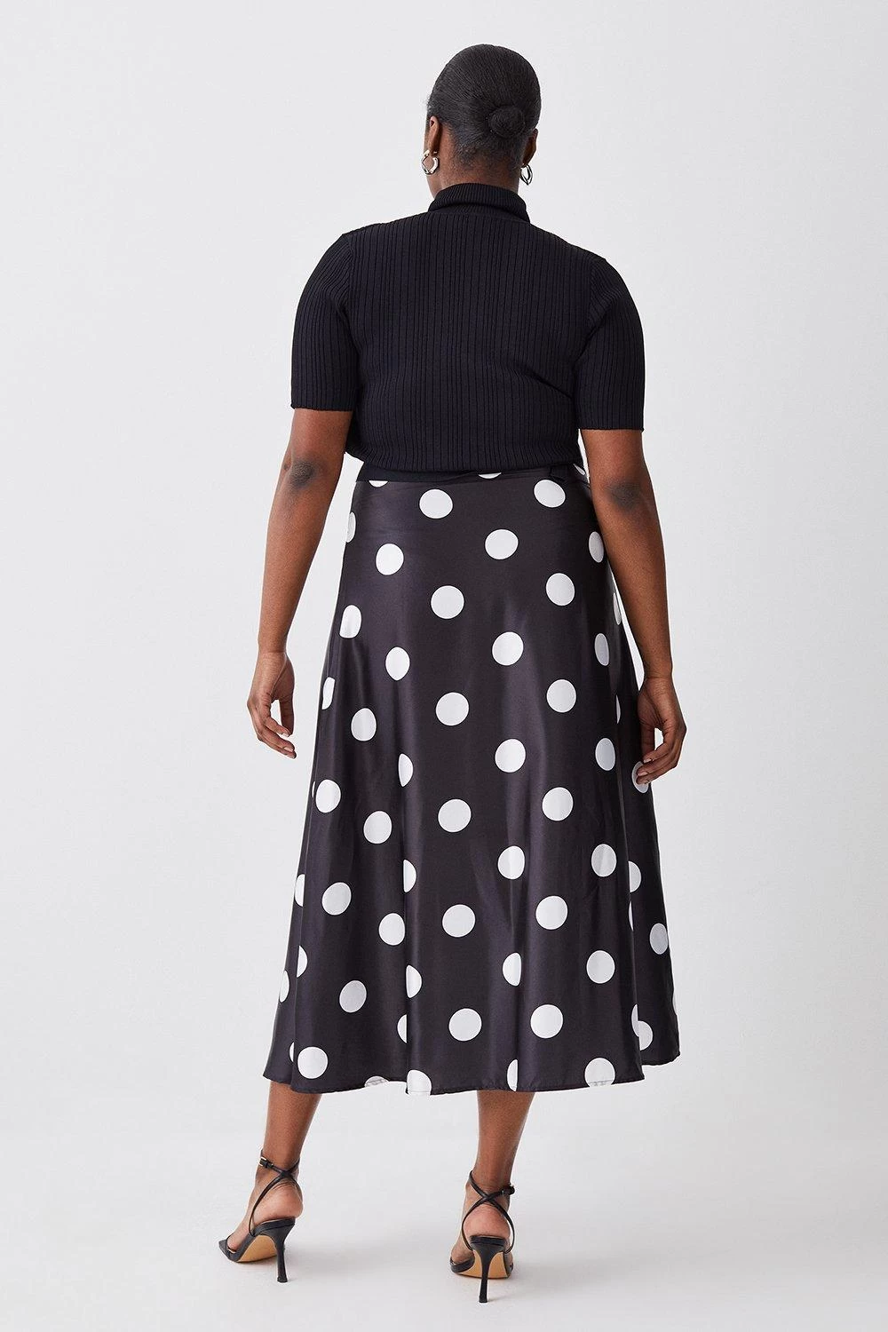 Karen Millen Plus Size Polka Dot Printed Satin Skirt Half Sleeve Rib Knit Midi Dress - Image 3