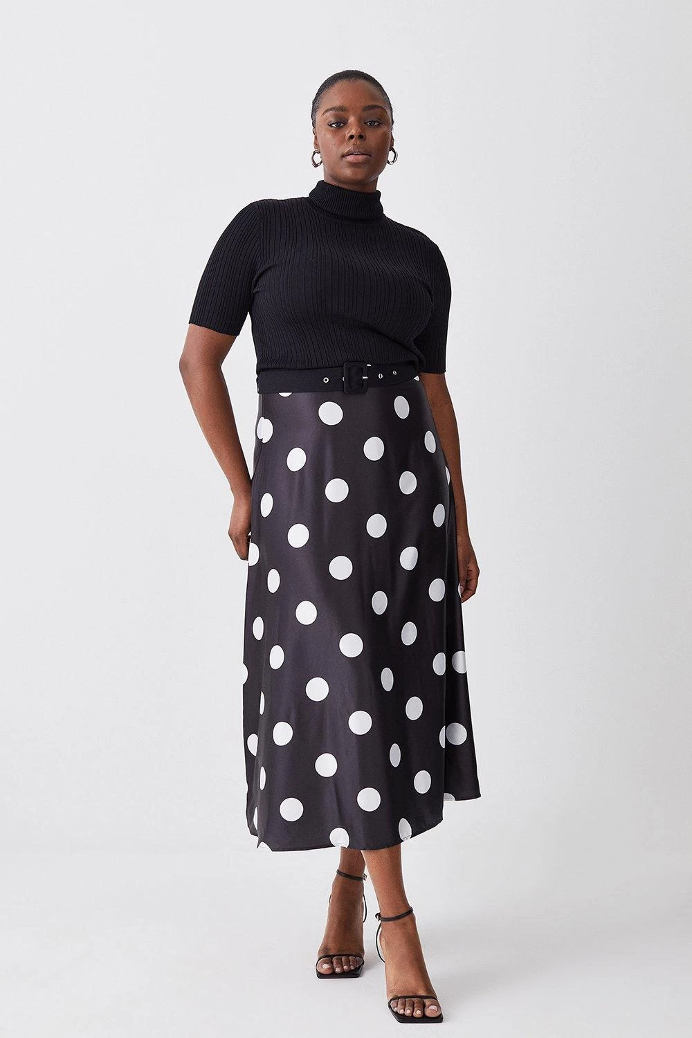 Karen Millen Plus Size Polka Dot Printed Satin Skirt Half Sleeve Rib Knit Midi Dress - Image 4
