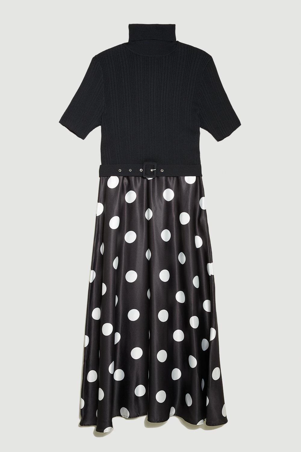 Karen Millen Plus Size Polka Dot Printed Satin Skirt Half Sleeve Rib Knit Midi Dress - Image 5