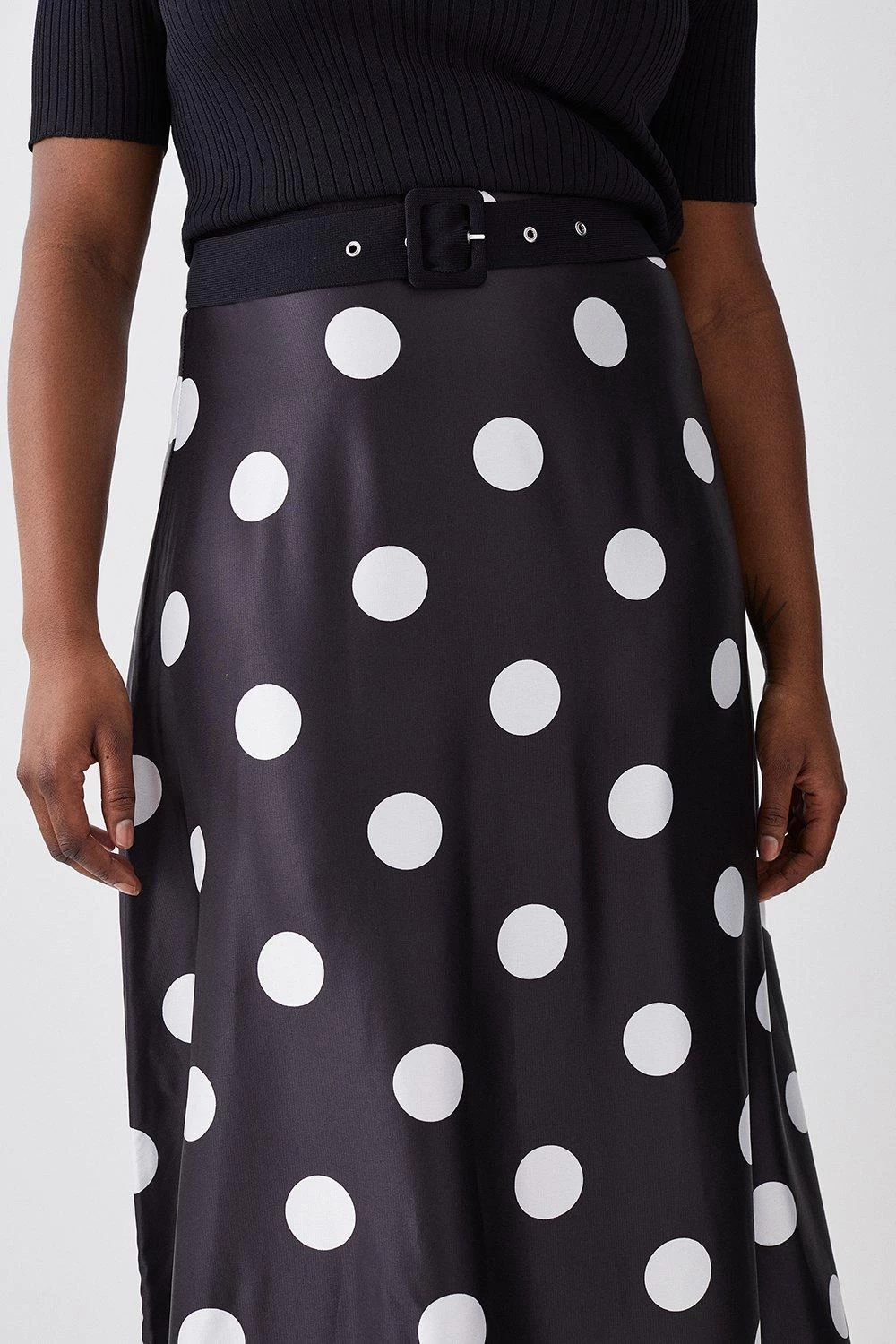 Karen Millen Plus Size Polka Dot Printed Satin Skirt Half Sleeve Rib Knit Midi Dress