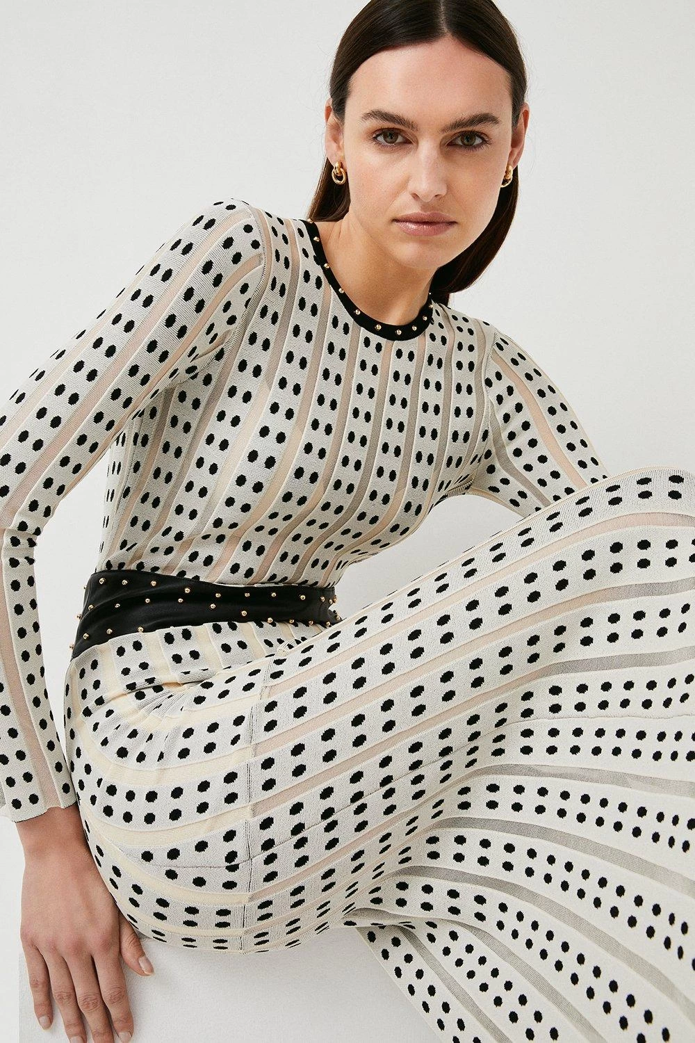 Karen Millen Sheer Knit Polka Dot Stud Detail Jacquard Maxi Dress - Image 4