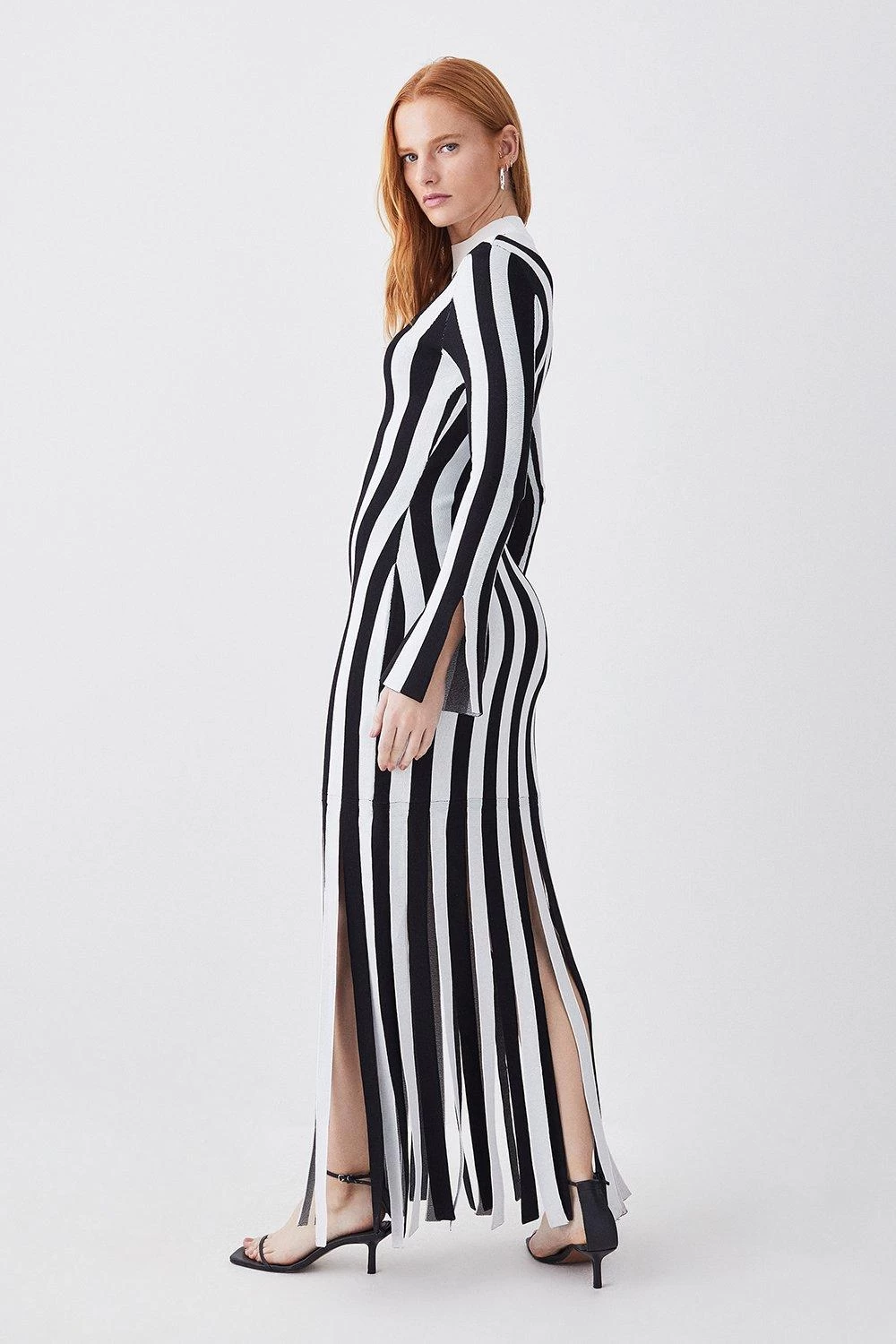 Karen Millen Stripe Shredded Hem Jacquard Maxi Column Dress - Image 4