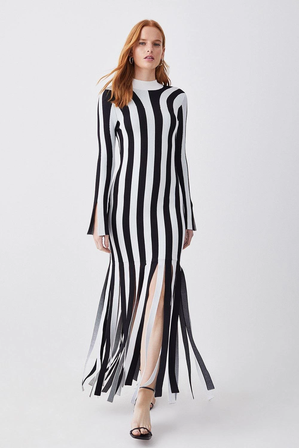 Karen Millen Stripe Shredded Hem Jacquard Maxi Column Dress