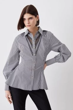 Karen Millen Striped Cotton Cutwork Woven Shirt