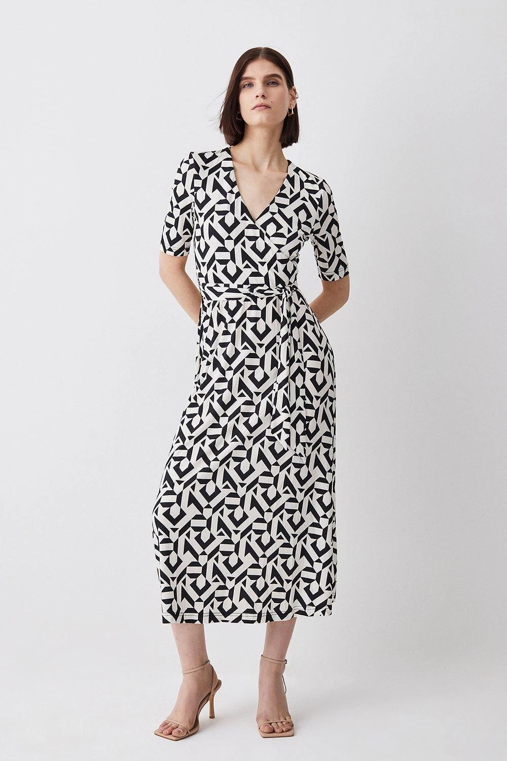 Karen Millen Tall Half Sleeve Geometric Printed Jersey Wrap Midi Dress - Image 5