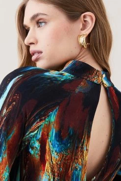 Karen Millen Marble Viscose Satin Balloon Sleeve Dress