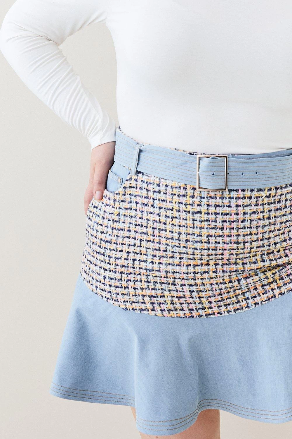 Karen Millen Plus Size Denim Tweed Mix Flippy Hem Skirt - Image 2