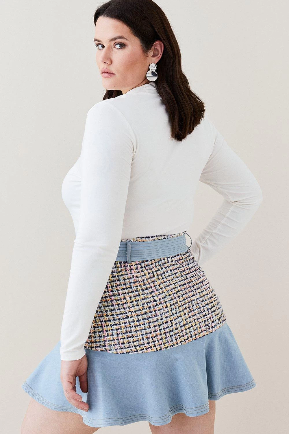 Karen Millen Plus Size Denim Tweed Mix Flippy Hem Skirt - Image 3